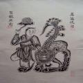 Tranh cổ vẽ Lân hóa rồng, màu đen trắng trên giấy điệp - Tranh dân gian Đông Hồ