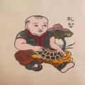 Tranh Đông Hồ Lễ Trí - em bé ôm rùa, chất liệu giấy dó bồi điệp - Tranh dân gian Đông Hồ