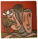 Tranh gốm trừu tượng: Khuôn mặt và hoa sen