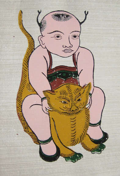 Tranh em bé ôm mèo - tranh dân gian Đông Hồ