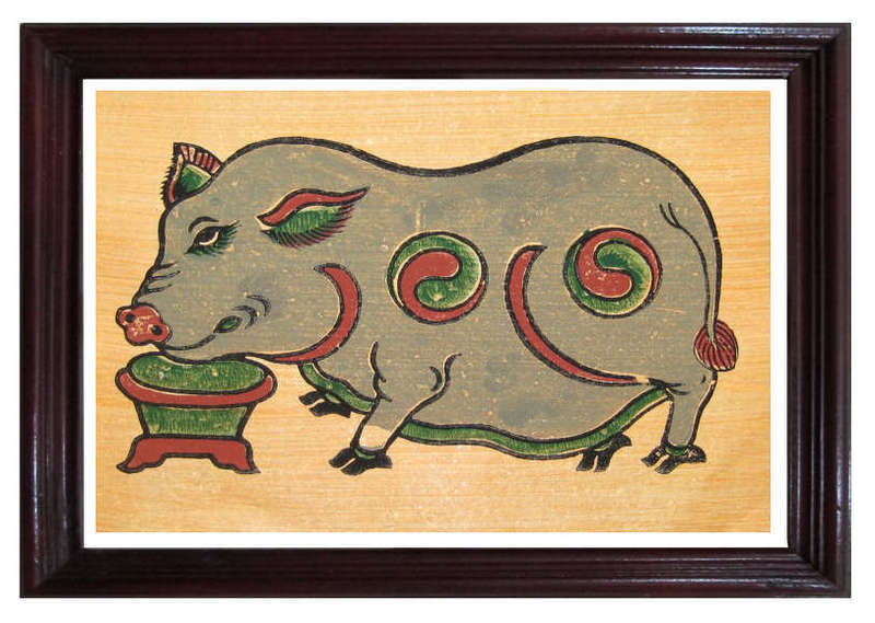 Tranh Lợn độc bên máng thức ăn - tranh dân gian Đông Hồ
