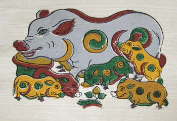 Tranh lợn đàn được làm trên giấy điệp - tranh dân gian Đông Hồ