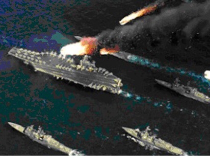 Đồ họa về viễn cảnh Trung Quốc dùng 3 tên lửa Đông Phong tiêu diệt tàu sân bay Mỹ.